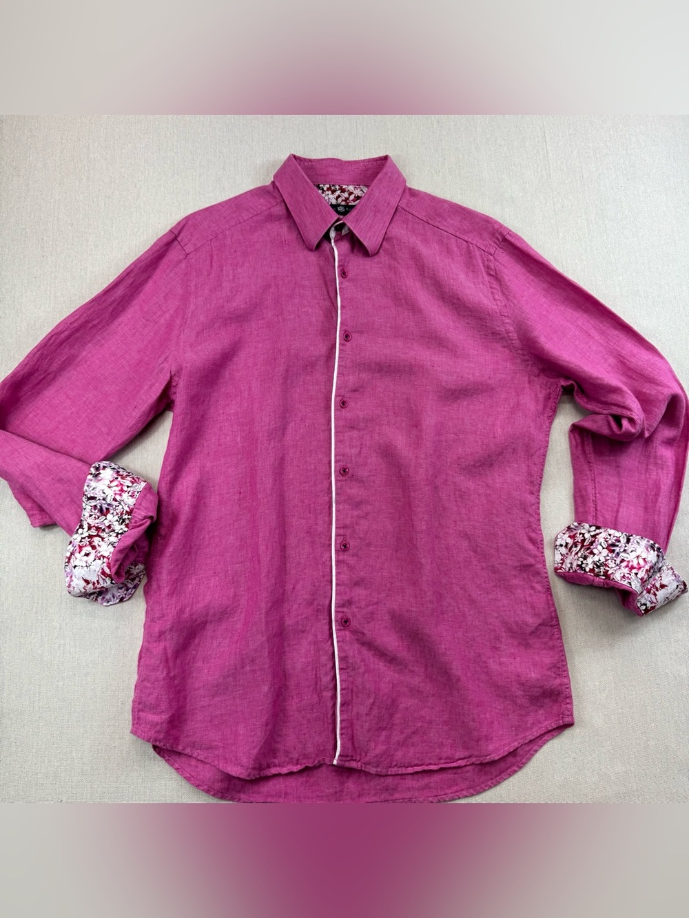 Stone Rose Shirt Linen Floral Flip Cuff L/S Button Up Pink Mens 3 (Medium)